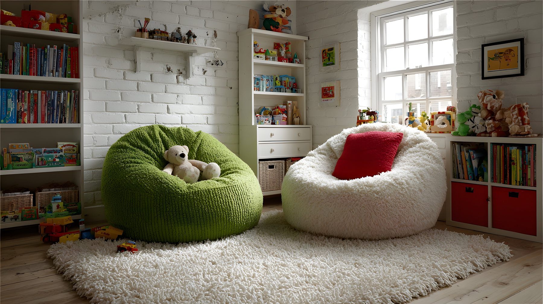A playroom: a green bean bag with a soft toy on it, a shelf of toys above, and open storage with baskets