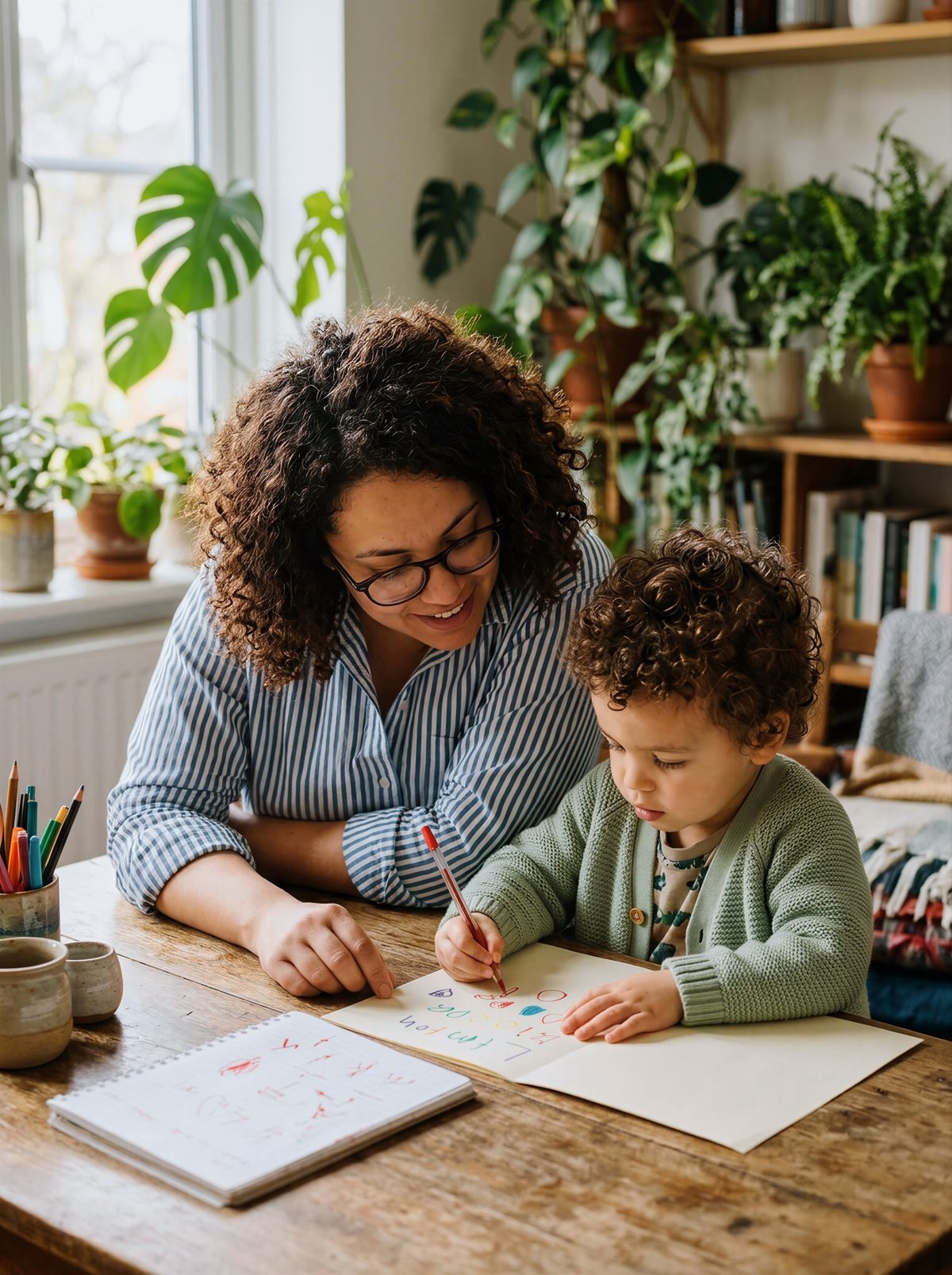 A parent and young child drawing together at a table