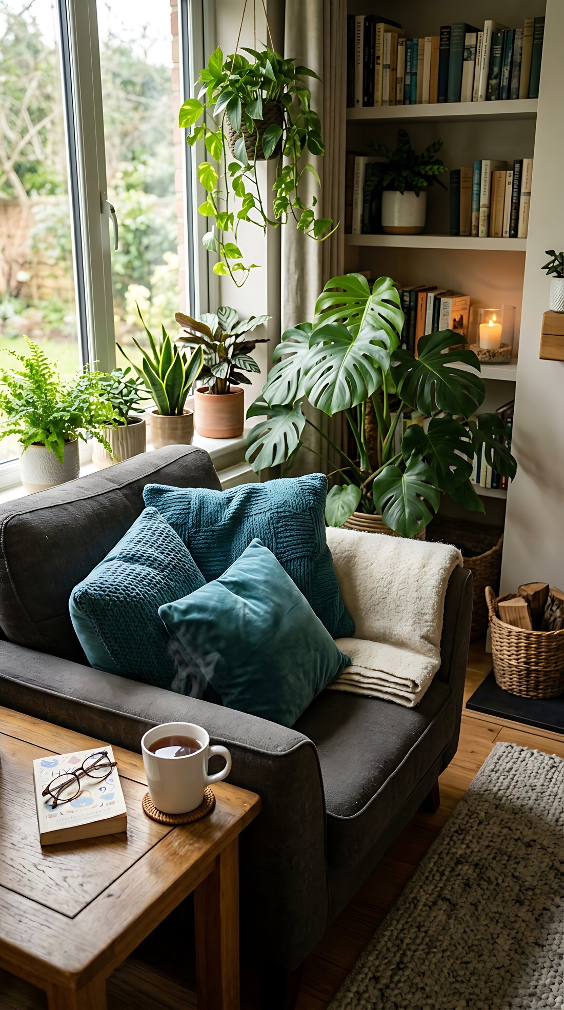 A quiet sitting room with a sofa, cushions, plants and books