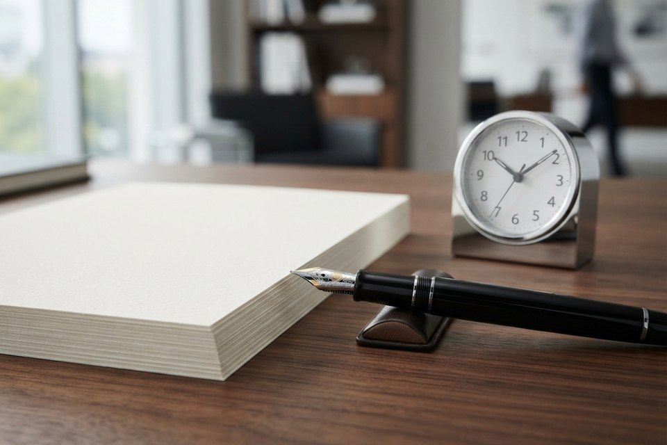 A fountain pen resting on a stack of blank paper beside a small clock