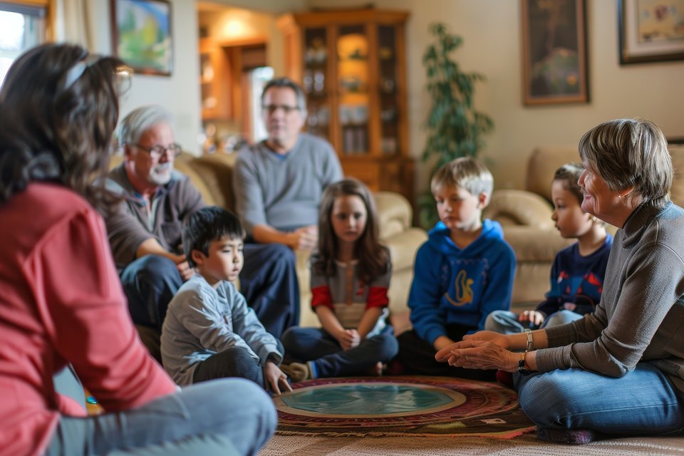 Adults and children sitting together in a circle in a living room