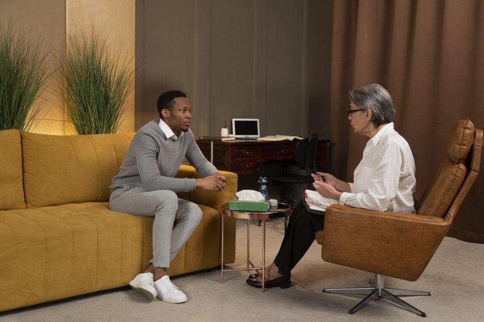 A young man on a sofa talking with a therapist in an armchair