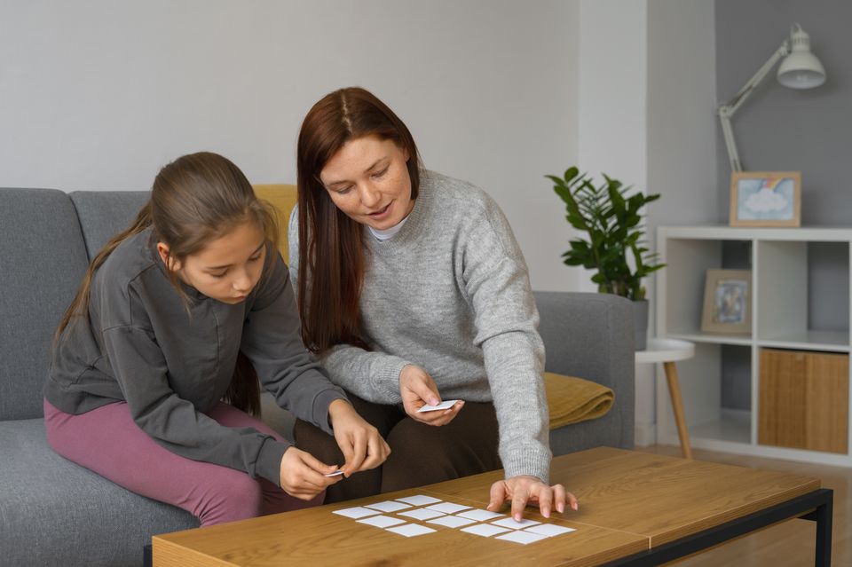 A woman and a girl playing a memory card game at a coffee table